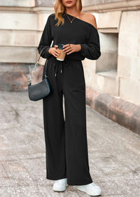 PRETTYGARDEN Long Sleeve Jumpsuit For Women Dressy Off Shoulder One Piece Loose Wide Leg Jumpsuits Casual Flowy Romper