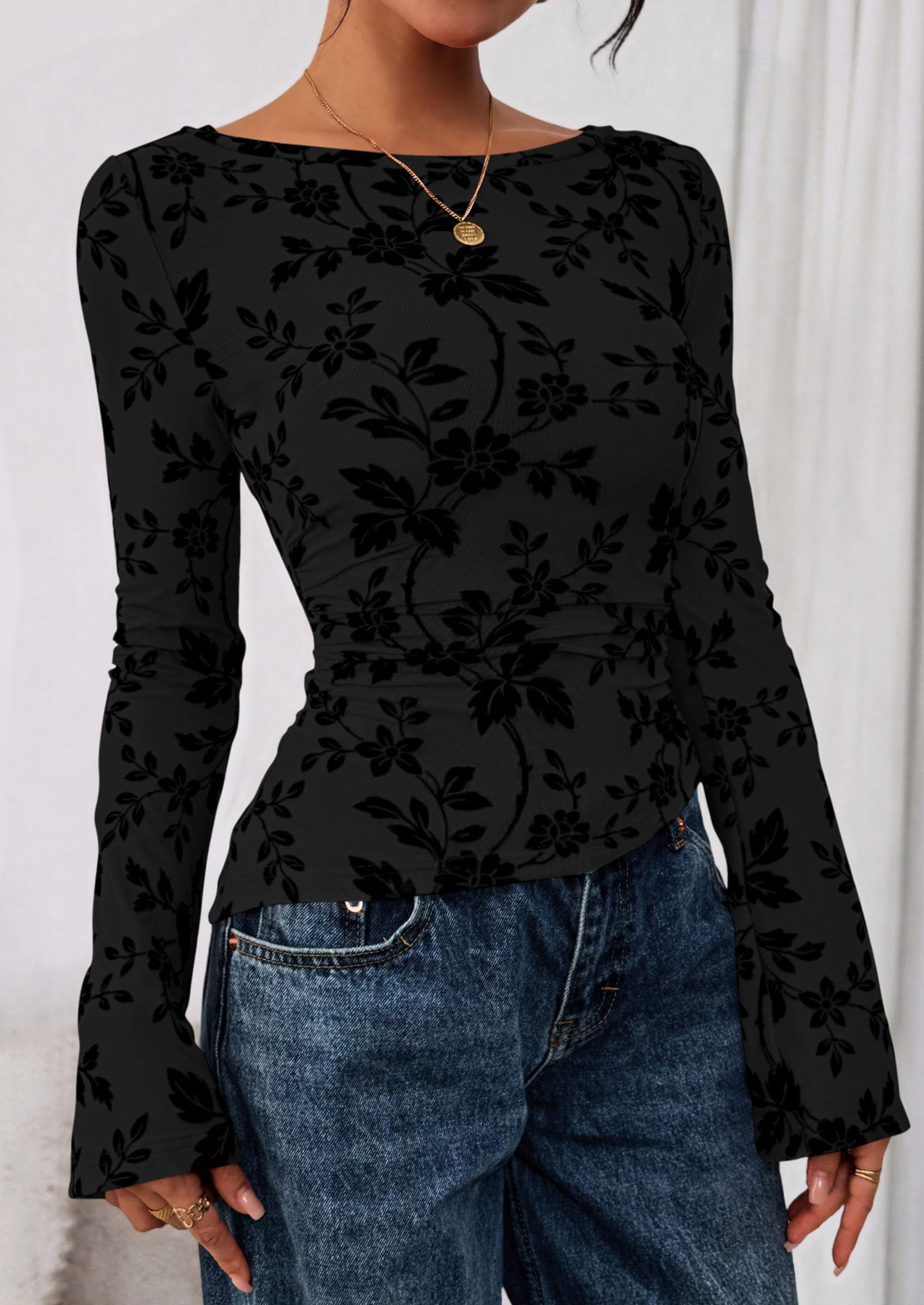 PRETTYGARDEN Women Long Sleeve Floral Mesh Tops Blouse  Fall Trendy Boat Neck Ruched Fitted Shirt Going Out Date Outfits