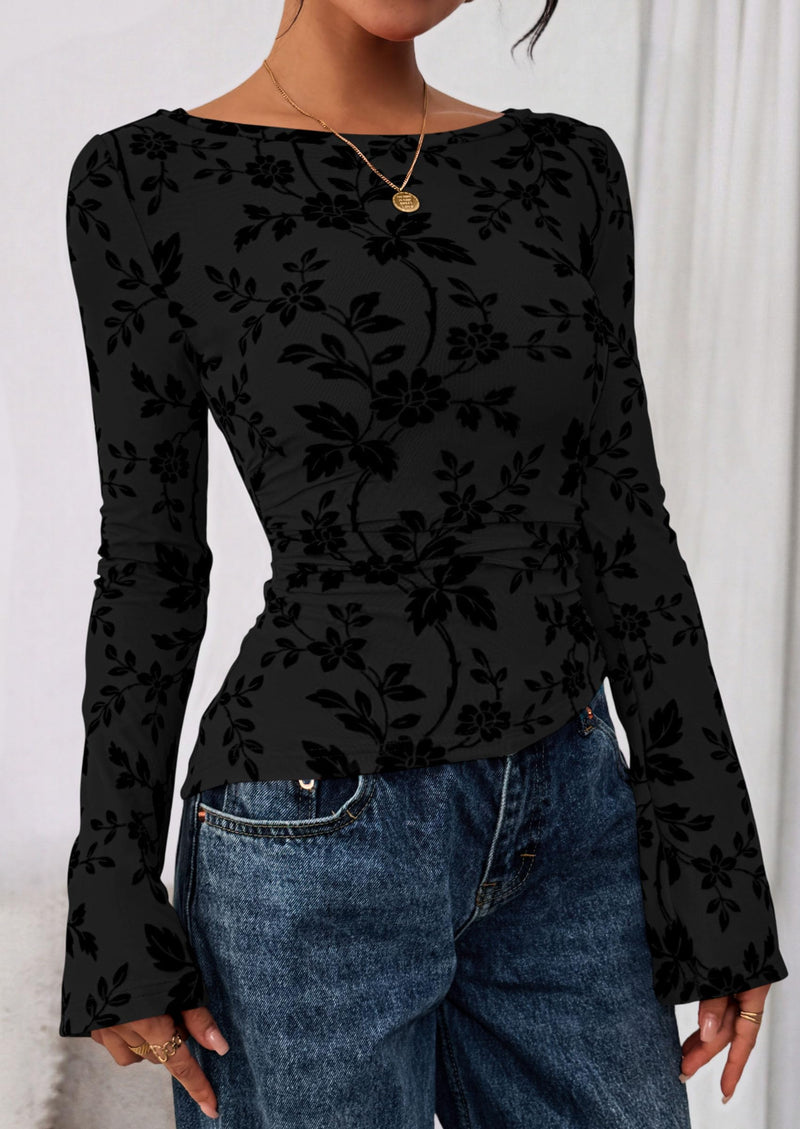PRETTYGARDEN Women Long Sleeve Floral Mesh Tops Blouse  Fall Trendy Boat Neck Ruched Fitted Shirt Going Out Date Outfits
