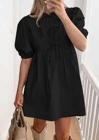 Casual Short Sleeve A Line Bow Tie Front Babydoll Loose Mini Dresses with Pockets