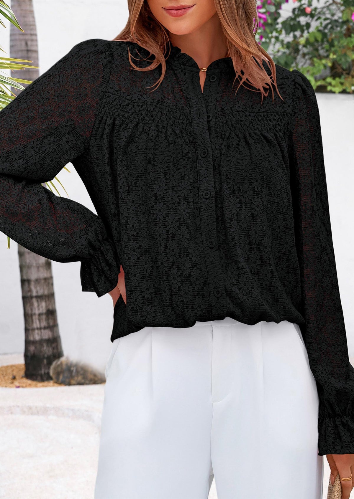 Eyelet Long Sleeve Casual Hollow Out Button Up Lace Blouse