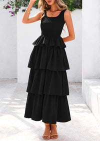 Sleeveless Scoop Neck Smocked A Line Tiered Beach Midi Dress
