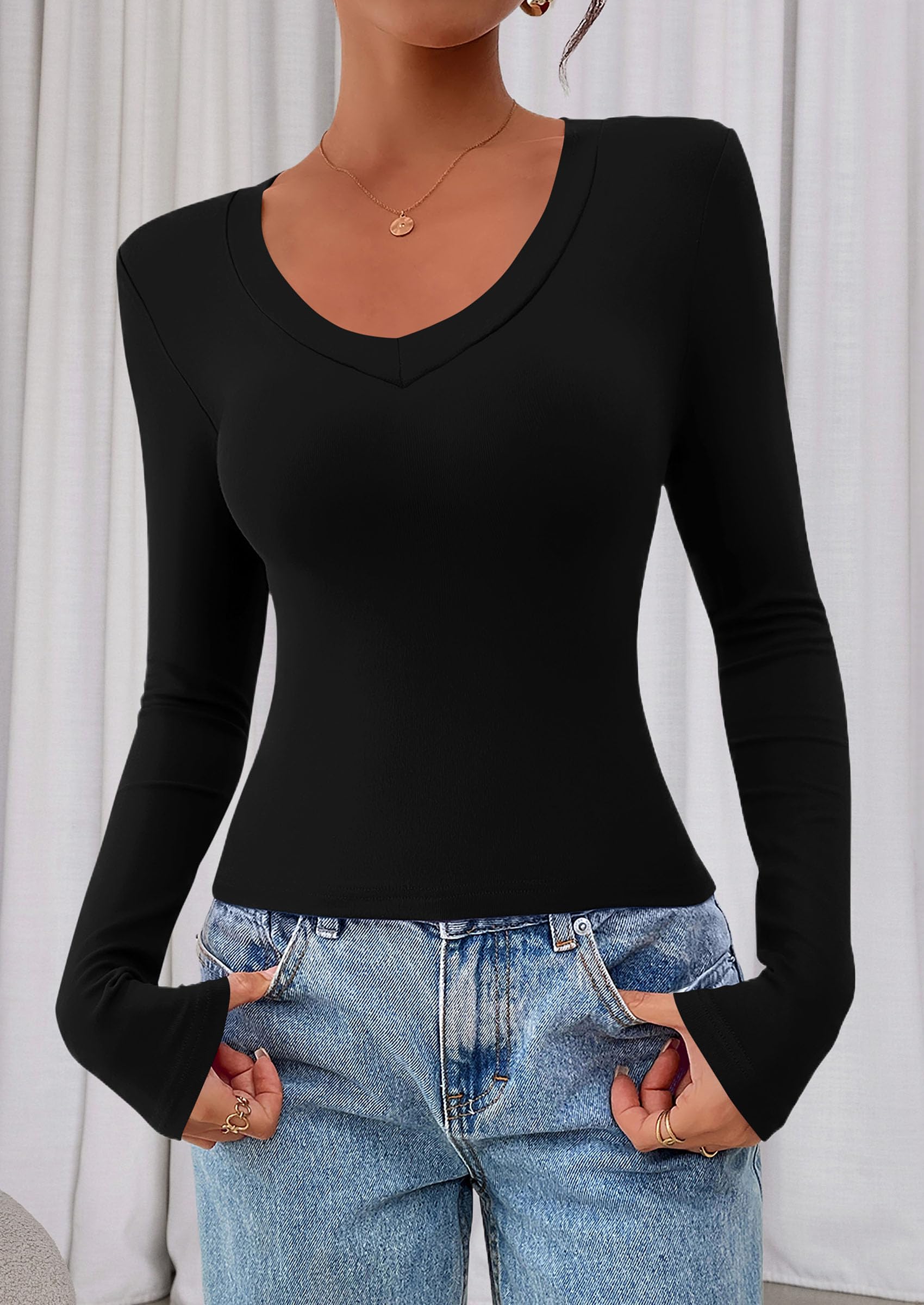 PRETTYGARDEN Womens Long Sleeve T Shirts Fall Trendy Deep V Neck Slim Fit Basic Crop Tops Casual Going Out Top