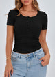 Short Sleeve Ribbed Knit Henley Button Up Slim Fit Basic Casual T-shirts