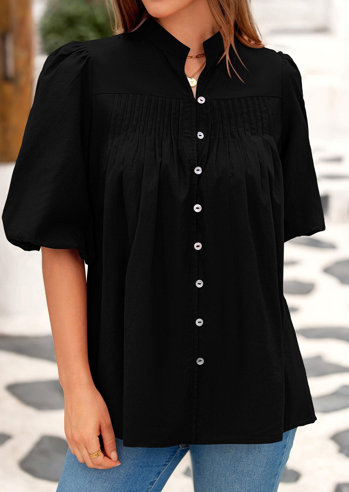 Lantern Sleeve Loose Fit Button Down Casual Pleated V Neck Blouses