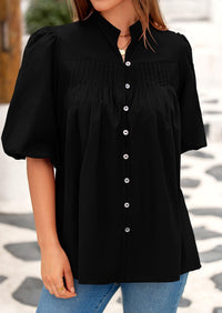 Lantern Sleeve Loose Fit Button Down Casual Pleated V Neck Blouses