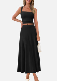 Crop Tank Top Flowy Midi Skirts Ribbed Knit Casual Two Piece Skirt Set