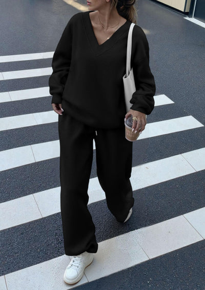 PRETTYGARDEN Casual Winter Two Piece Sets for Women V Neck Sweatshirt Loose Wide Leg Pants Tracksuit Knit Fall Outfits