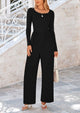 Solid Color Casual Long Sleeve Wide Leg Pants Jumpsuits