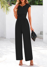 Dressy Ribbed Cap Sleeve Wide Leg Pants Elegant Casual Jumpsuits