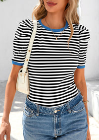 Puff Sleeve Casual Ribbed Knit Color Block Striped Pullover T-shirts