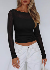 Boat Neck Long Sleeve Sheer Crop Cover Up with Spaghetti Strap Camisole 2 Piece Blouses