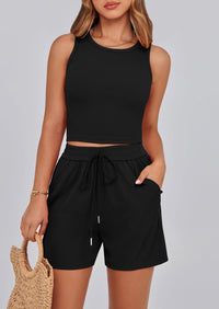 Solid Color Casual Sleeveless Two Piece Sets