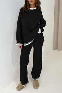 Knitted Casual Long Sleeve Pullover Wide Leg Pant 2 Piece Sets