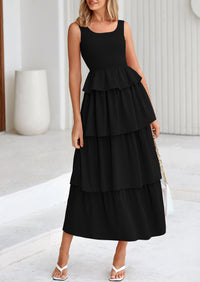 PRETTYGARDEN Womens Summer Sleeveless Midi Dress Scoop Neck A Line Smocked Ruffle Tiered Layered Beach Vacation Dresses