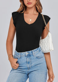 V Neck Ruffle Sleeveless Slim Fit Casual T-shirts