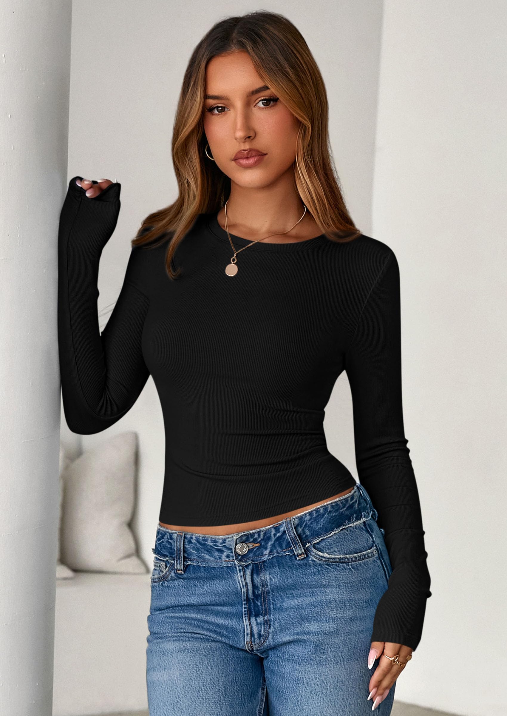 PRETTYGARDEN Womens Summer Fall Long Sleeve Shirts Ribbed Knit Fitted Basic Tee Going Out Tops Underscrub Casual Outfits