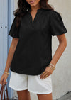 PRETTYGARDEN Womens Casual Summer Tops V Neck Short Puff Sleeve Pleated Cotton T Shirts Loose Dressy Blouses