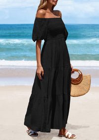 Puff Short Sleeve Square Neck Smocked Tiered Ruffle A Line Flowy Beach Maxi Dresses