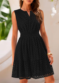 Sleeveless V Neck Eyelet Hollow Out Swing A Line Beach Vacation Dresses