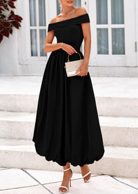 Off Shoulder Sleeveless A Line Midi Dress with Pockets
