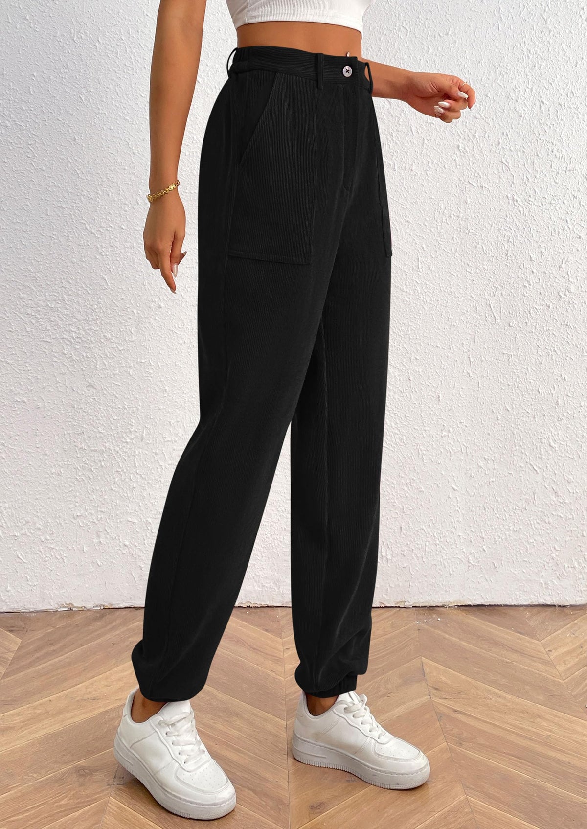 Elastic High Waisted Work Office Corduroy Casual Pants with Pockets