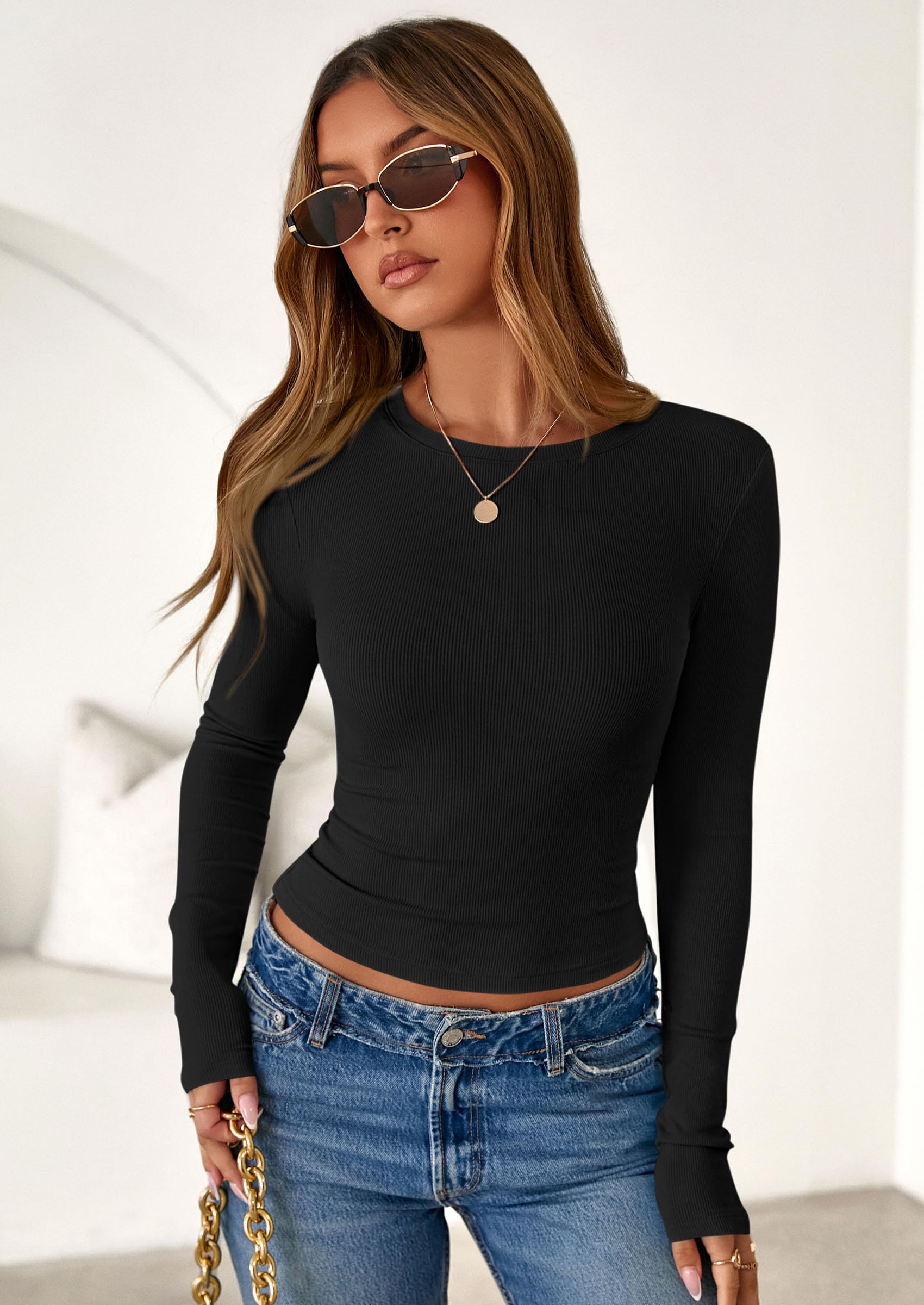 PRETTYGARDEN Womens Summer Fall Long Sleeve Shirts Ribbed Knit Fitted Basic Tee Going Out Tops Underscrub Casual Outfits