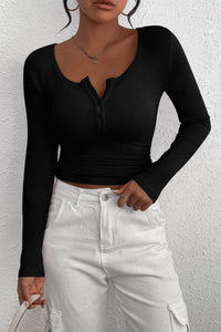 Long Sleeve Henley Button Down Ribbed Knit Slim Fit Casual T-shirts