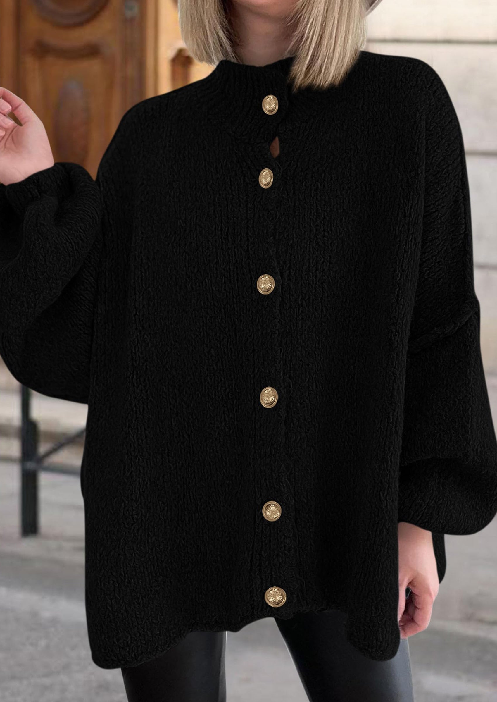 PRETTYGARDEN Women's Winter Button Down Cardigan Sweaters Mock Neck Lantern Long Sleeve Chunky Knit Jacket Trendy Outerwear