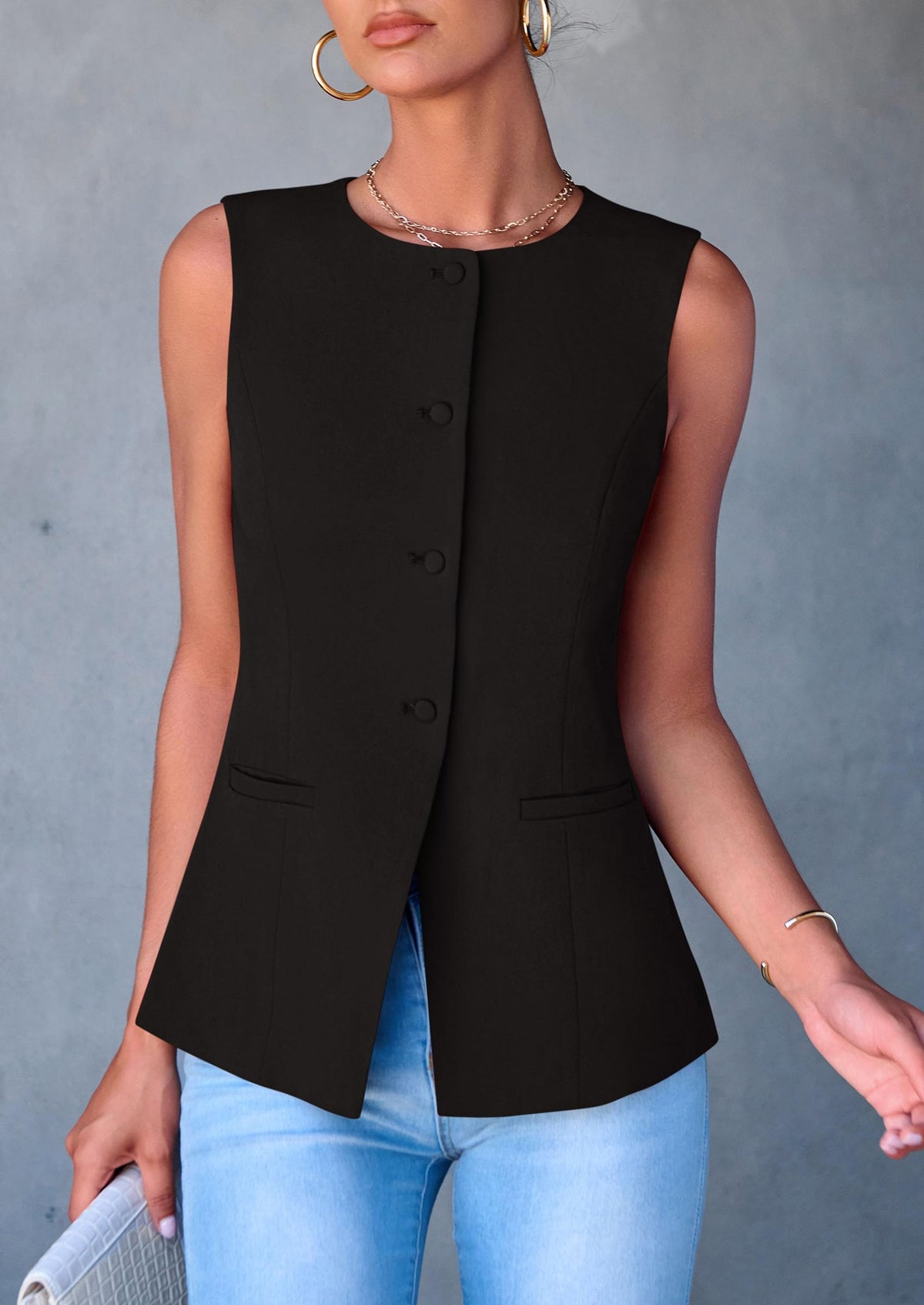 Dressy Business Casual Sleeveless Button Down Blazer Waistcoat