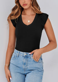V Neck Ruffle Sleeveless Slim Fit Casual T-shirts