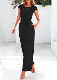 Dressy Ribbed Cap Sleeve Wide Leg Pants Elegant Casual Jumpsuits