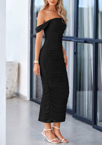 Off The Shoulder Ruched Bodycon Sleeveless Split Maxi Dresses