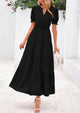 Casual Short Sleeve V Neck Tiered Flowy Beach Vacation Maxi Dress with Pockets