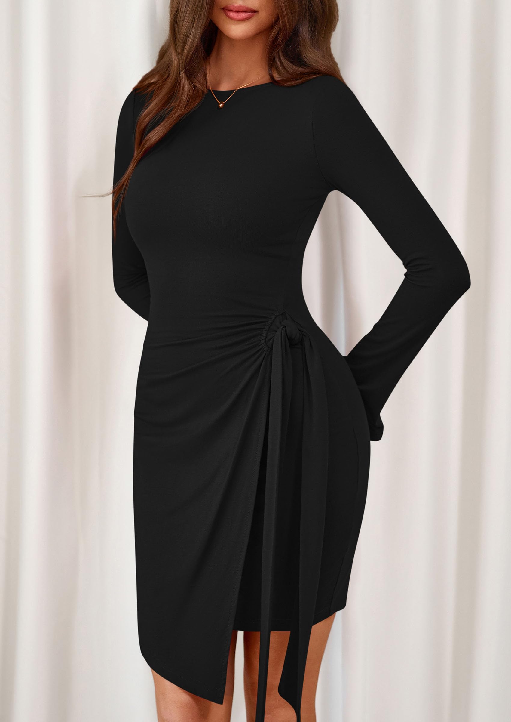 PRETTYGARDEN Women Mini Bodycon Dresses Long Sleeve Ruched Fitted Short Night Out Trendy Party Club Outfits Fall Clothes