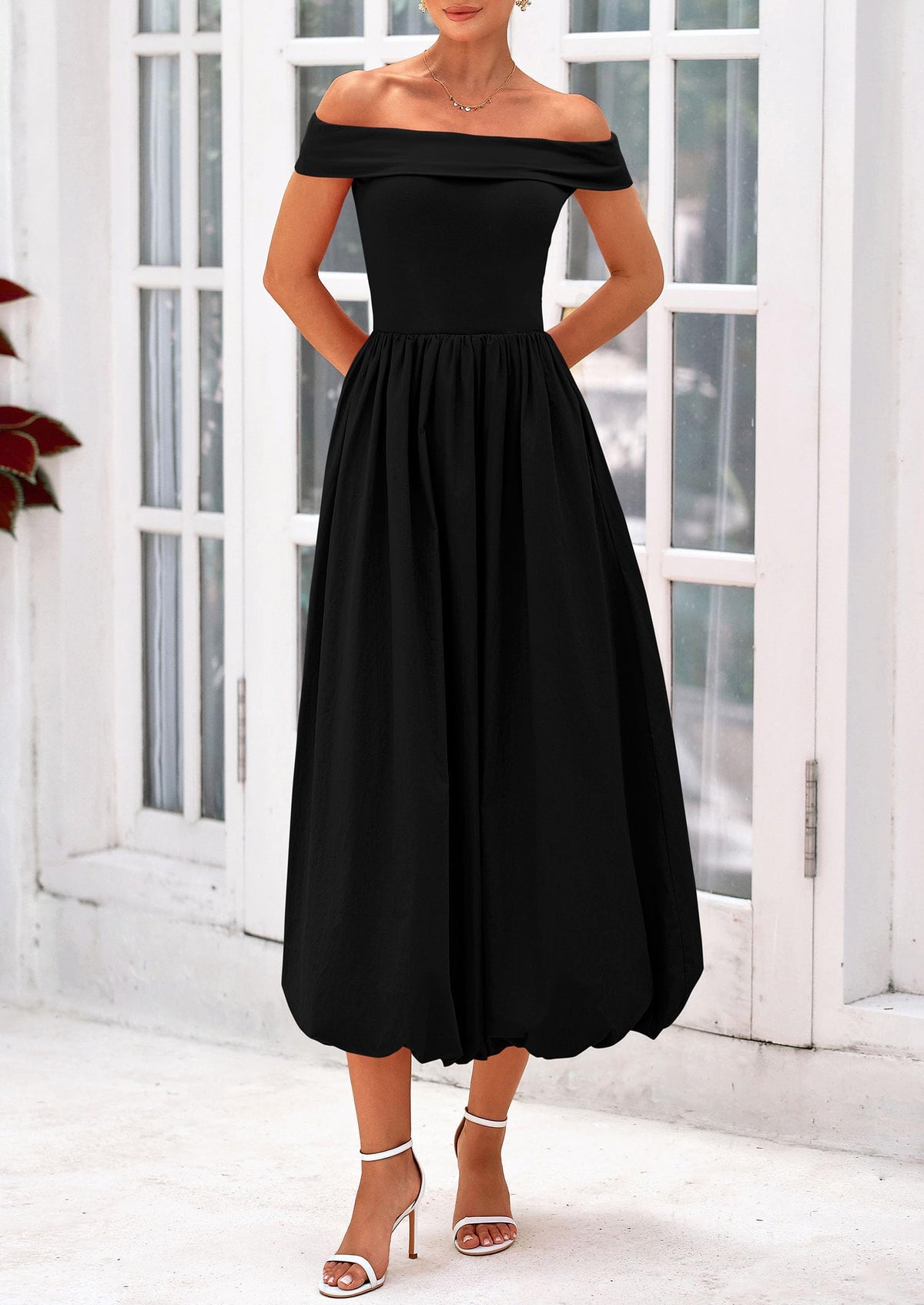 Off Shoulder Sleeveless A Line Midi Dress with Pockets