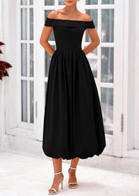 Off Shoulder Sleeveless A Line Midi Dress with Pockets