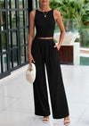 PRETTYGARDEN Two Piece Sets Ribbed Knit Crew Neck Sleeveless Tank Tops Wide Leg Pants Casual Lounge Set