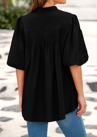 Lantern Sleeve Loose Fit Button Down Casual Pleated V Neck Blouses