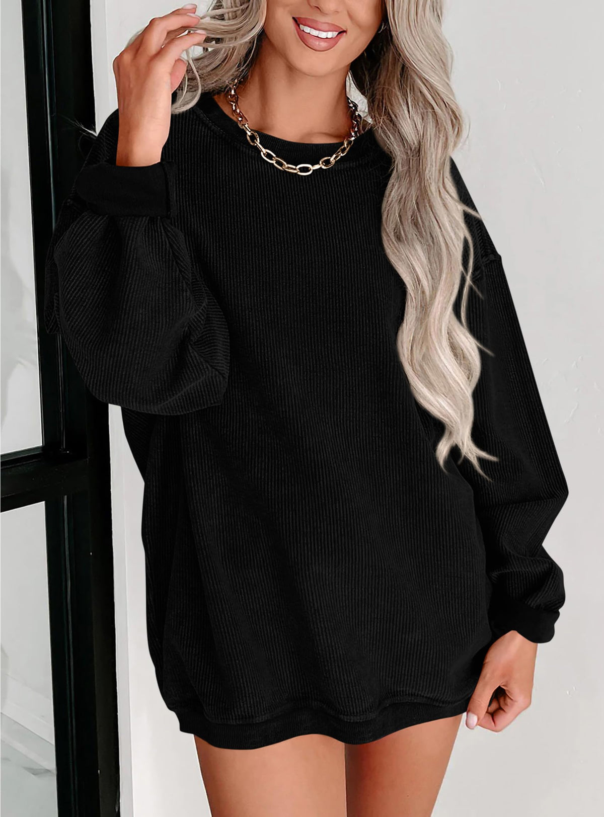 Ribbed Corduroy Crew Neck Long Sleeve Loose Fit Casual Oversized Sweatshirt