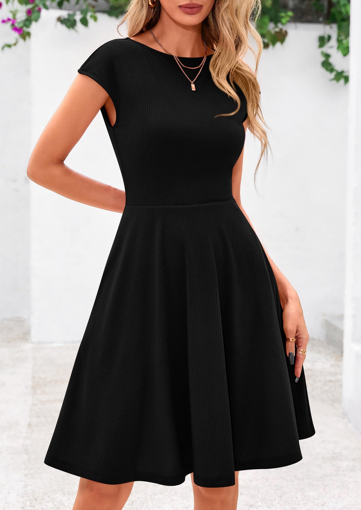 Crew neck Cap Sleeve Ribbed Knit Casual Flowy A Line Mini Dress with Pockets