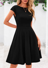 Crew neck Cap Sleeve Ribbed Knit Casual Flowy A Line Mini Dress with Pockets