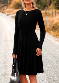 Ribbed Knit Crew Neck Long Sleeve A-Line Flowy Casual Elegant Mini Dresses