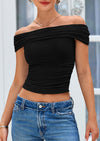 PRETTYGARDEN Summer Tops for Women Off Shoulder Short Sleeve Ruched Slim Fit Shirts Blouses Y2K Going Out Top