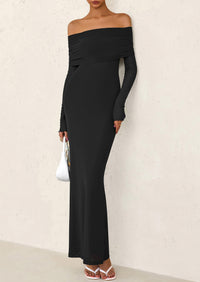 Off The Shoulder Bodycon Long Sleeve Mesh Maxi Dress