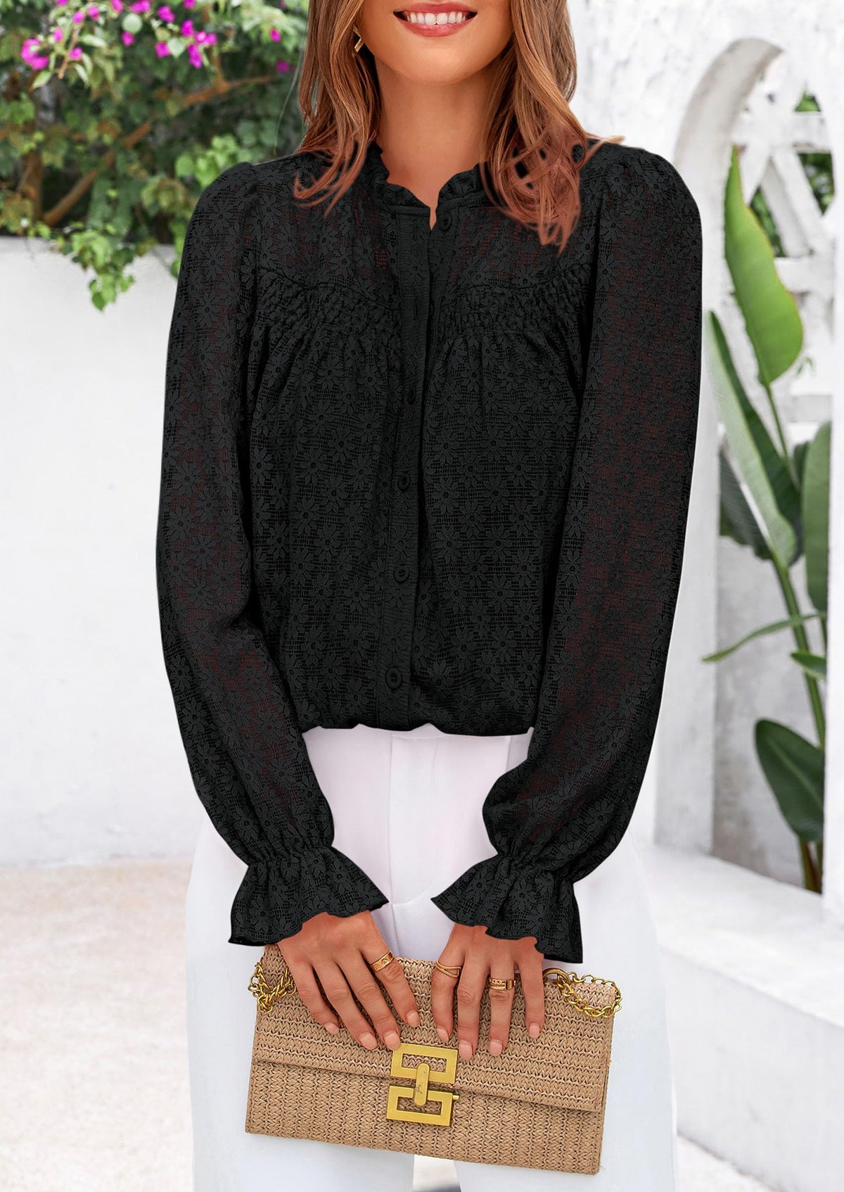 Eyelet Long Sleeve Casual Hollow Out Button Up Lace Blouse