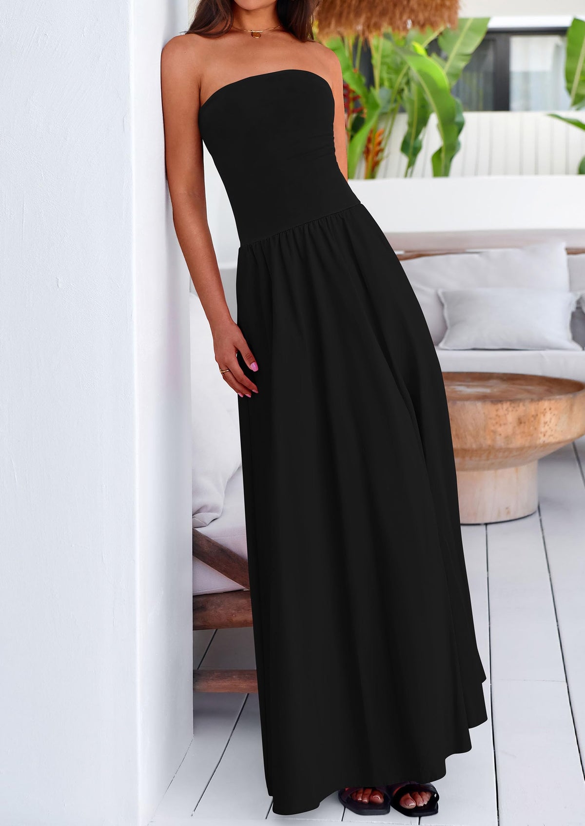 Strapless Patchwork Long Flowy Elegant Tube Top Maxi Dresses with Pockets