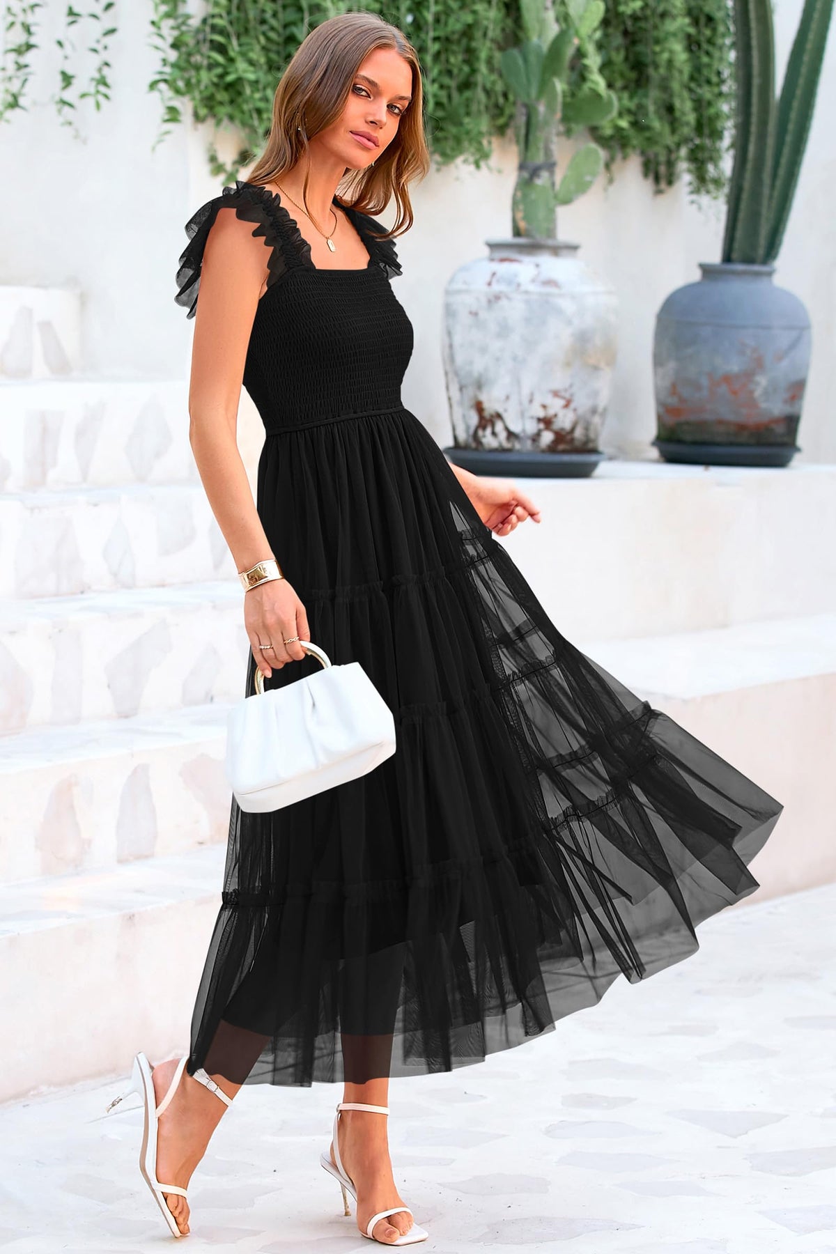 Casual Sleeveless Smocked Ruffle Tulle Flowy Beach Sundress