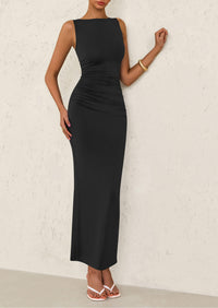 Sleeveless Ruched Bodycon Slit Long Maxi Dresses