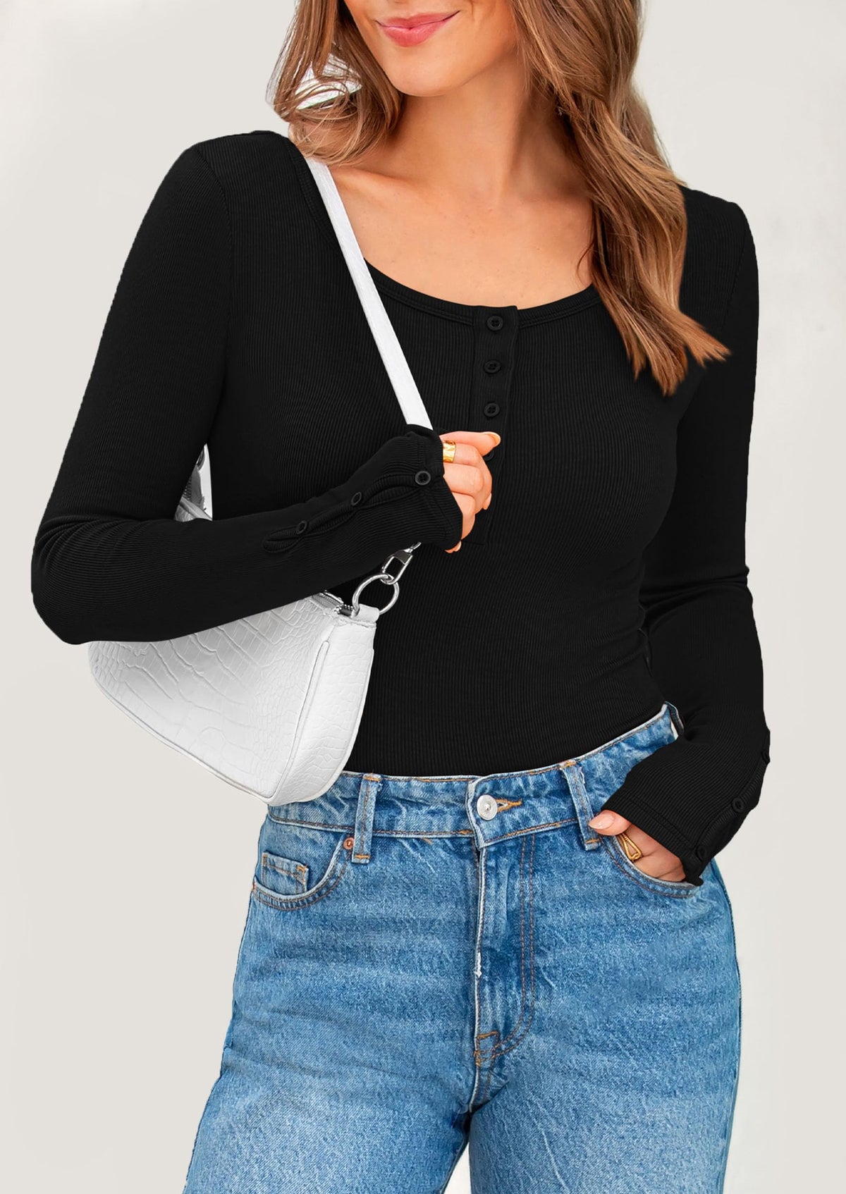 Long Sleeve Henley Ribbed Knit Button Up Slim Fitted Basic Casual T-shirts